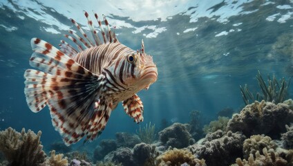 Striking underwater view of a vibrant lionfish swimming near coral reefs.