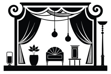 curtains hanging on cornice home decor elements line art silhouette vector illustration © Pinak