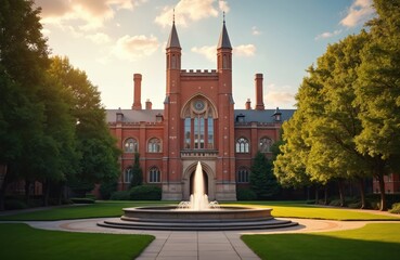 Gothic style university building with towers and arched entrance. A fountain sprays water in front of the grand facade. Lush green trees surround the manicured lawn on campus.