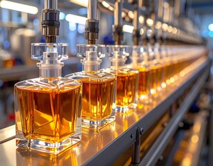 Perfume bottles on production line, filling process