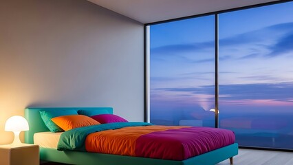 Modern bedroom with colorful bedding and serene sunset view
