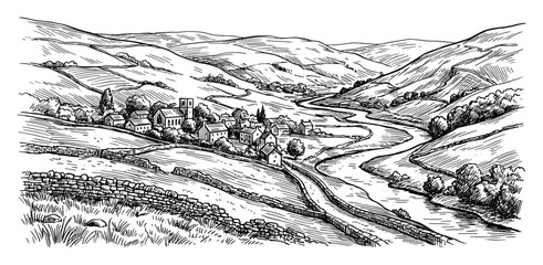 Fototapeta premium Black and White Sketch of Village in Valley with Winding River and Rolling Hills