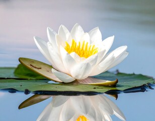Close-up of a vibrant white lotus flower, reflecting on water