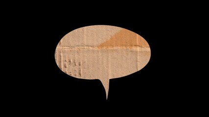 Animated cardboard speech bubble with brown corrugated texture on a black background for creative dialogue titles or eco-friendly message overlays in video.
