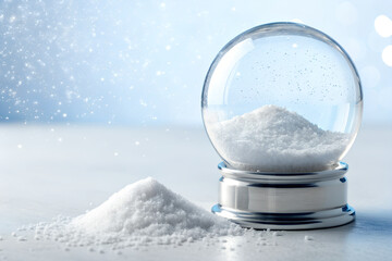 Glass snow globe with white powder beside it on reflective surface—evoking winter minimalism, contrast, and the tactile charm of seasonal decor. generative ai