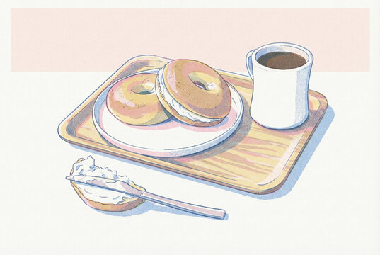 Retro lithograph style illustration of a breakfast tray with cream cheese bagels and hot coffee.