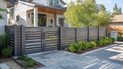 Fototapeta premium Modern residential home with wooden fence and gated entry