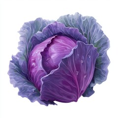Obraz premium Vibrant Purple Red Cabbage Close Up With Water Droplets On Green Leaves Isolated On White Background