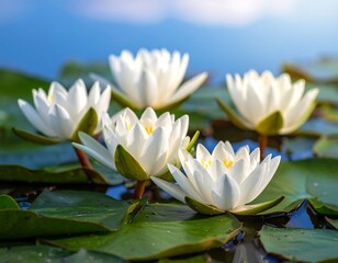 Five white lotus flowers floating on serene water, sunlit