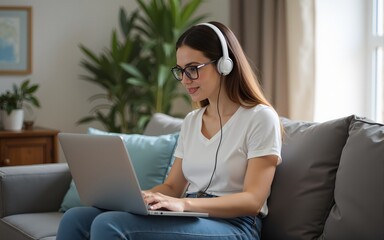 Young business woman working on computer, talking online using a headset while sitting on the comfortable sofa at home. Concept of remote work from home. High quality