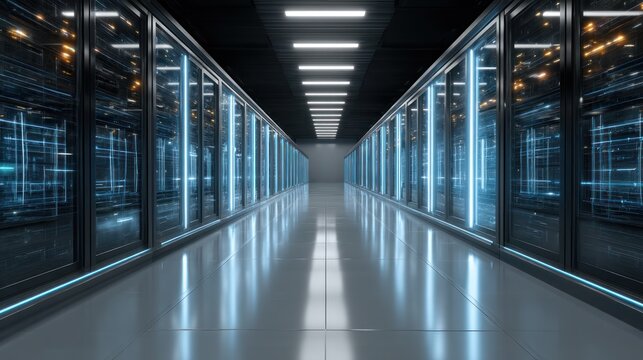 Data center server room corridor with digital data - Powered by Adobe