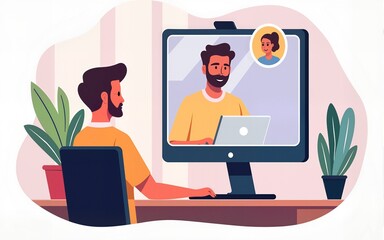 Online conference flat illustration. Man using computer to have video call. Video conferencing concept. Remote work in the home office. Vector eps 10. High quality