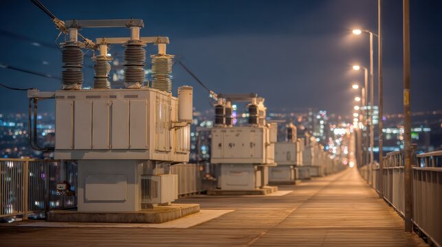 Electrical transformers at night with city lights