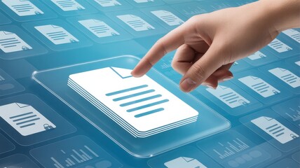 Digital Document Selection: A hand delicately selects a digital document, representing the modern concept of data access and the power of digital management. 
