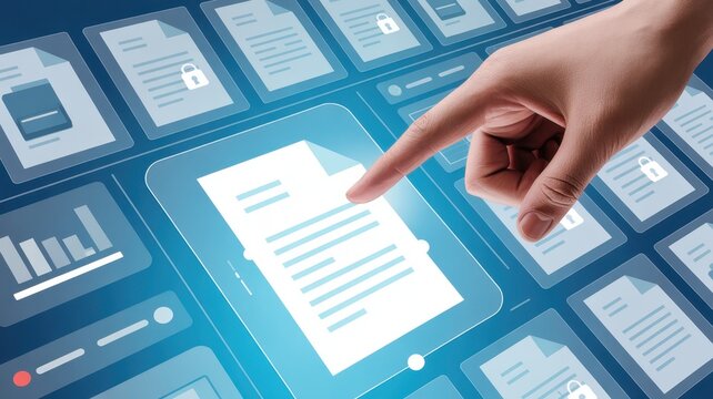 Digital Data Security: A hand selects a file from a grid, symbolizing secure digital document access in a cyber-enhanced setting. - Powered by Adobe