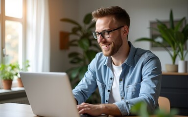 Happy man working on laptop at home office, perfect for website banners or blog posts about remote work. High quality