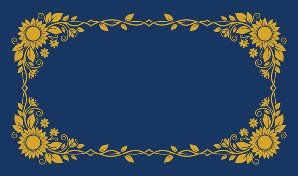 Blue background with golden floral sunflower decorative frame border illustration for text and graphic design