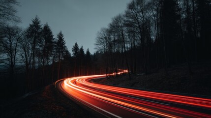 Fototapeta premium Road with light trails through dark forest at night