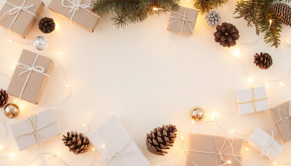 Decorative Christmas gifts and pine cones arranged on table  