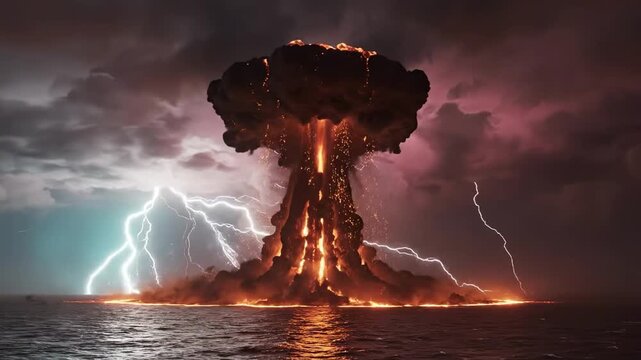 A dramatic volcanic eruption displays a massive ash cloud towering into the stormy sky, surrounded by fierce lightning strikes illuminating the turbulent ocean below