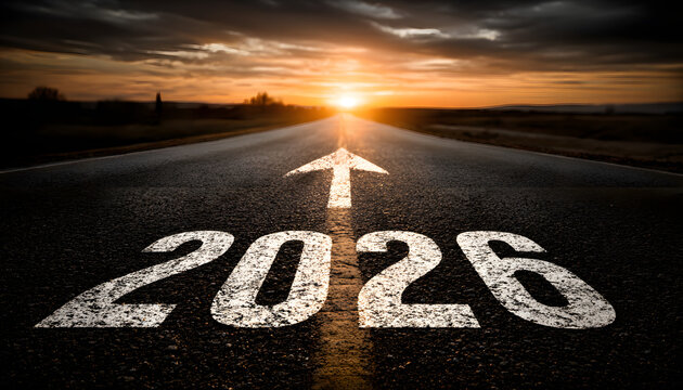 2026 future road ahead concept with arrow on highway, new year journey vision, business success planning, career growth direction