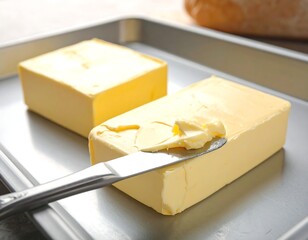 Close-up of butter blocks on a metal tray with a knife