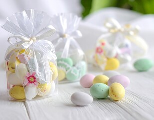 Close-up of candies in clear bags with pastel Easter eggs