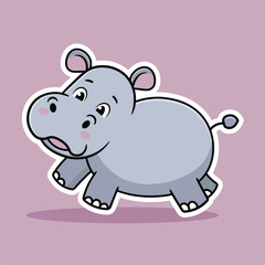 Flat cartoon illustration of cute hippo running on pink background