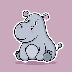 Flat cartoon illustration of cute hippo sitting on pink background