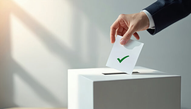Person in suit casts ballot with green checkmark into box. Citizen votes in election, participates in democratic process. Making choice for government policy and civic duty.