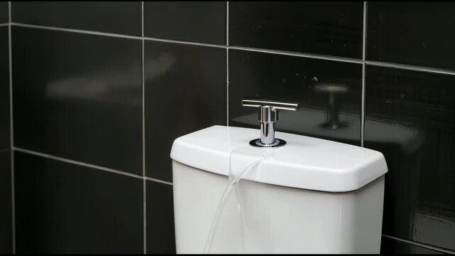 Close-up of a hand pressing a toilet flush button with visible water leaking from the tank, illustrating toilet malfunction, faulty flush mechanism, and need for plumbing repair