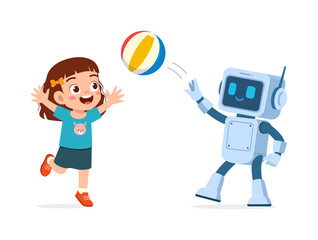 Happy young girl playing with a friendly robot and a colorful beach ball joyful childhood interaction future friends