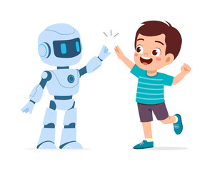 Happy smiling Asian boy high fiving a friendly robot with excitement a cheerful illustration