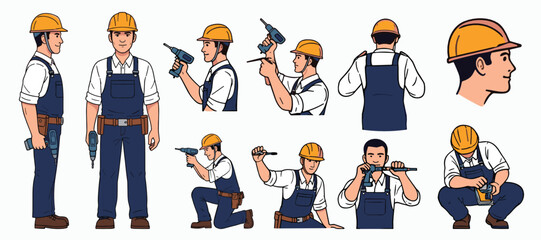 Fototapeta premium Industrial Maintenance Worker Wearing Helmet and Overall Uniform Holding Drill Tool. Male Technician Character for Animation with Front, Side and Back View Set, Body Parts, Postures Poses Collection