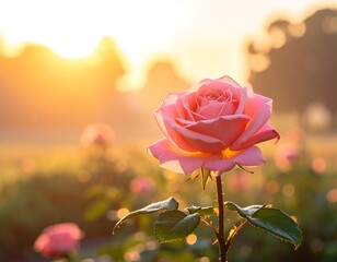 Close-up of a pink rose illuminated by golden sunlight (1)