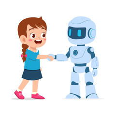 Happy cartoon girl child shaking hands with a friendly blue robot expressing partnership and technology