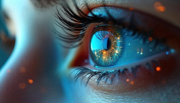 Close up of woman eye reflecting modern city and digital network. Futuristic vision with glowing lights in iris. Represents AI and tech progress.