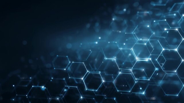 A dynamic network of illuminated hexagons forms a seamless digital structure, representing connectivity and futuristic data flow. Ideal for technology, science, and innovation themes