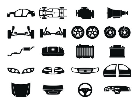 Car parts silhouette illustration, automobile spare elements diagram, vehicle components drawing