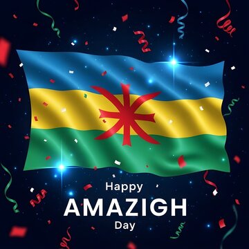 Vibrant amazigh flag waving celebrating amazigh day with festive confetti and sparkling background