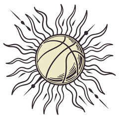 Golden sun with wavy lines and basketball center abstract