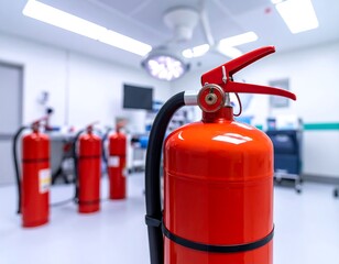 Close-up of a red fire extinguisher in a modern hospital room