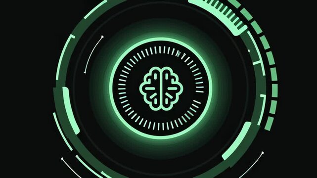 A glowing green and black of a brain with a clock on it. Simple mental wellbeing icon with ai data glow effect clean minimal shape soft illumination modern calm look ai driven mental health tools