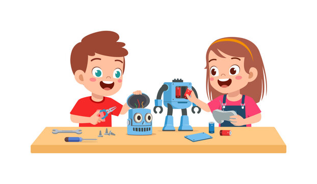 Happy multiracial children building and repairing toy robots with tools on a table with cheerful expressions - Powered by Adobe