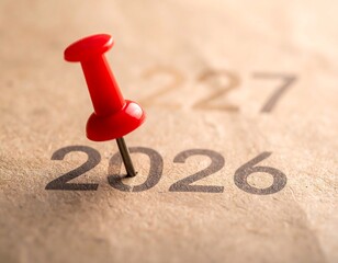 Close-up of a red push pin marking the year 2026 on paper