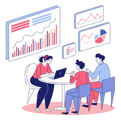 Group of people sitting at table with floating charts and graphs