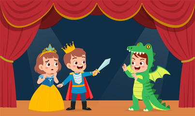 Three happy children perform a fairytale play on stage a brave prince a scared princess and a playful dragon character