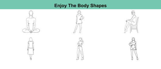 A set of various people in different poses and body shapes in black lines on green background