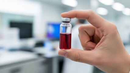 Close-up of hand holding a small glass vial containing red liquid in a blurred lab - Powered by Adobe