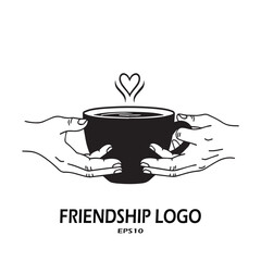 Stock vector illustration titled "FRIENDSHIP LOGO" or friendship logo, which depicts two hands holding a cup of hot drink with steam in the shape of a heart.